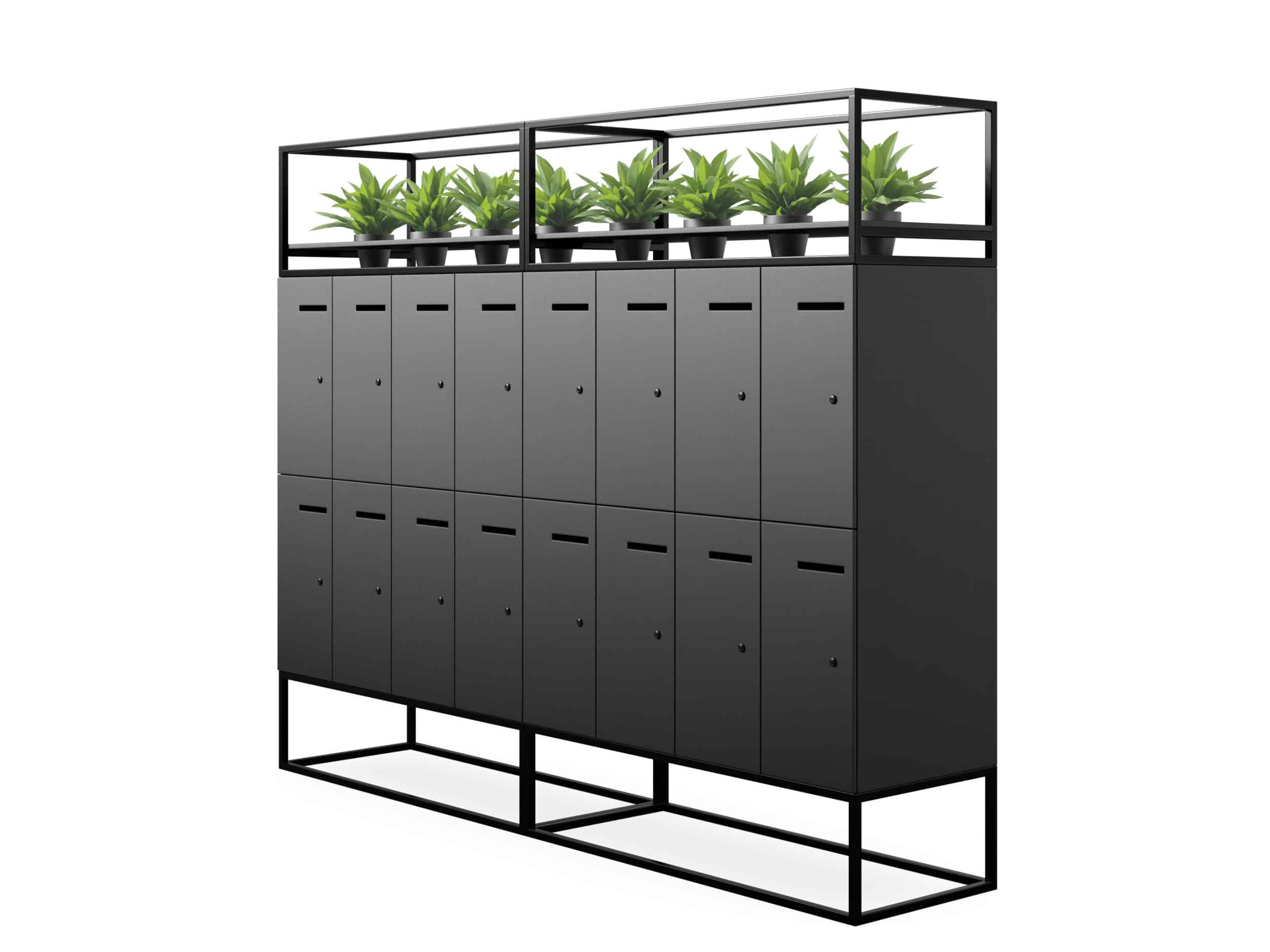 Black metal office lockers with planter box on top
