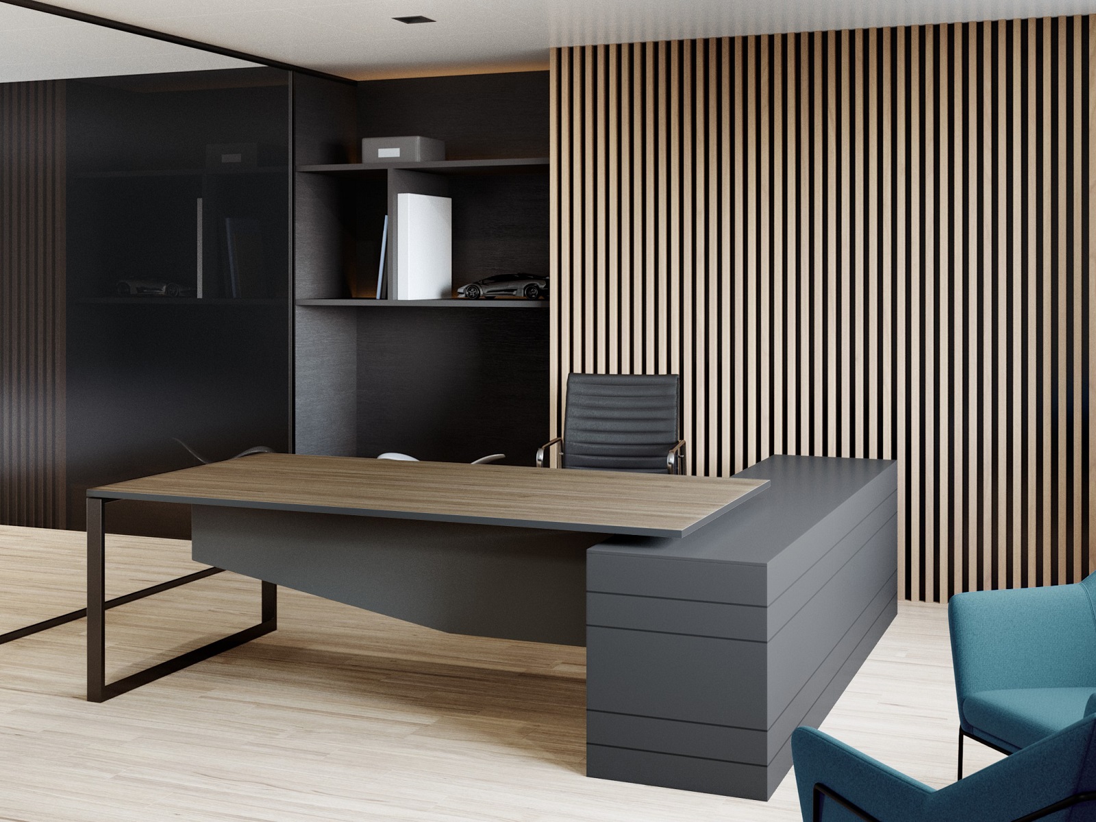 Wooden office with executive desk
