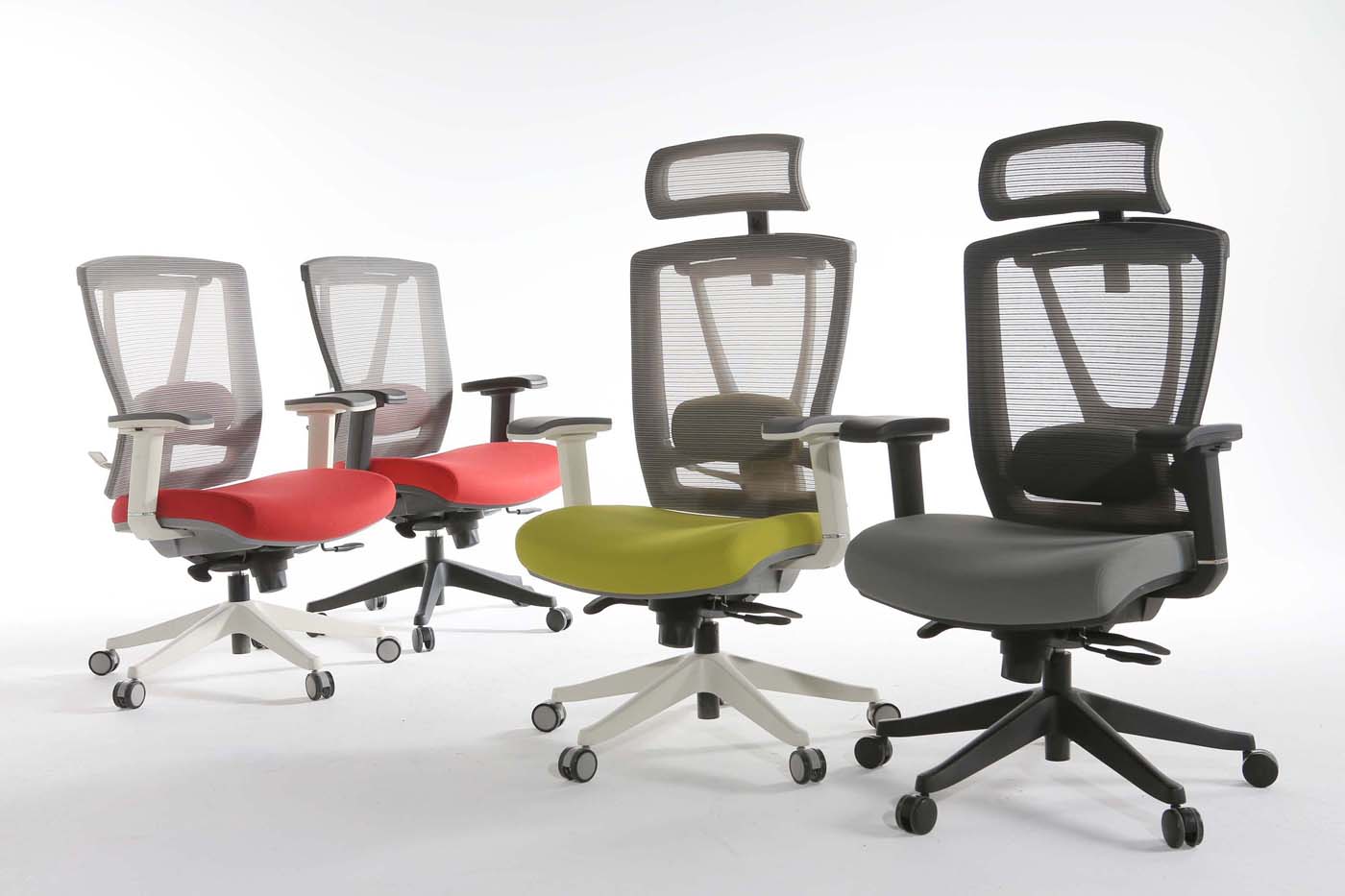 Ergonomic and comfortable office chairs in mesh and different colour fabrics