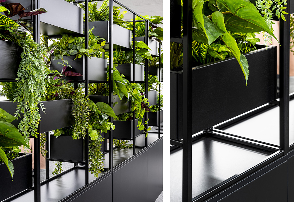 Two closeup detailed images of plant dividers in black metal 