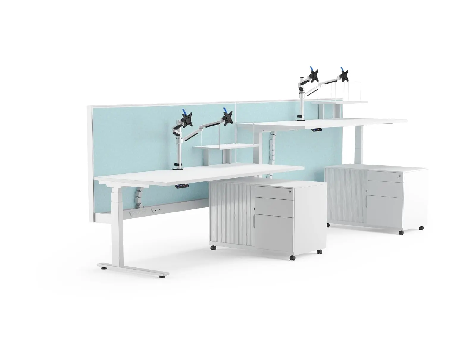 White 2-way electric sit-stand office desk with clean, modern workstation design