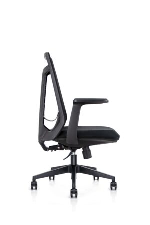 Transparent office meeting chair with curved back and armless design.