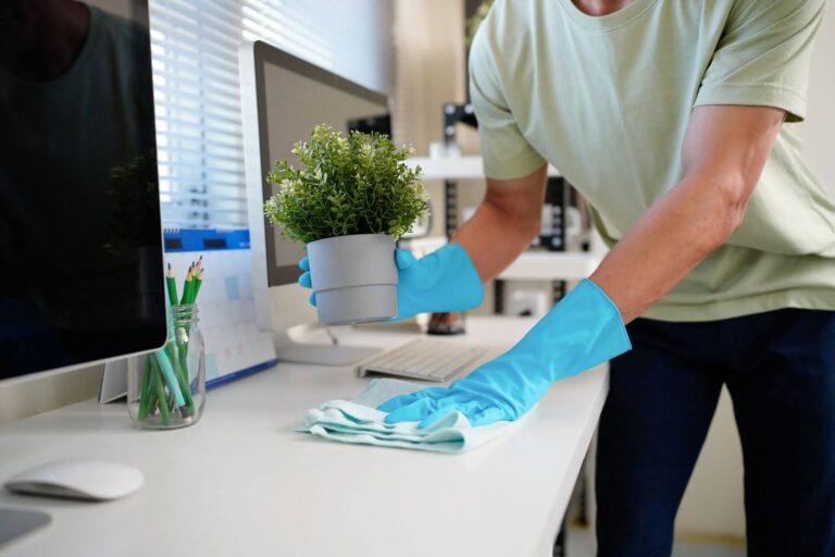 cleaning an office desk